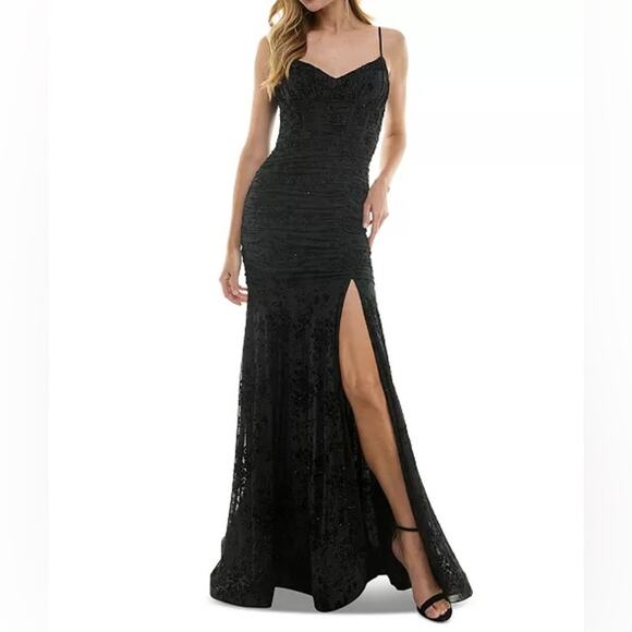 City Studios Juniors' Flocked Glitter Mesh Ruched Corset Gown Black Sz 9/10 - Picture 1 of 9